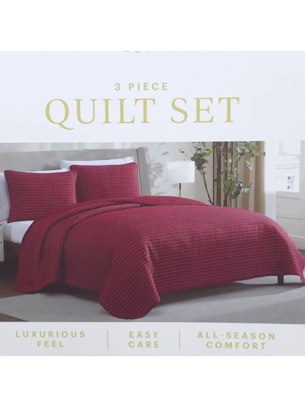 Lenox 3-Piece King Quilt Set Luxurious Feel Easy Care Red Pin Stripes Holiday